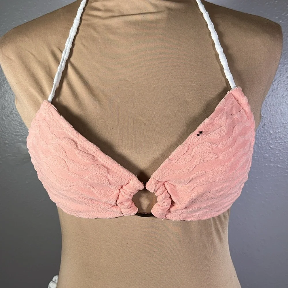 Peach terry cloth Y2K textured ring linked tie string beach vacation bikini sz S